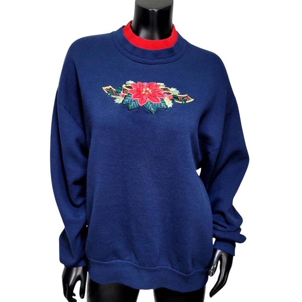 Vintage Calico Harbor Poinsettia Sweatshirt Navy Double Collar L 90s Grandmacore